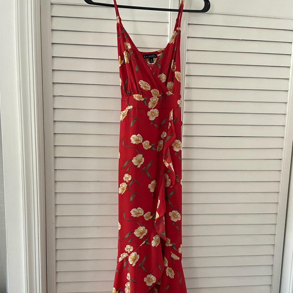 Red Floral High-Low Maxi Dress with Spaghetti Straps